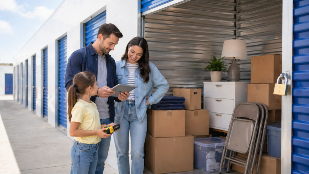 Family using Low Cost Storage in Paramount, CA, with blue doors, packing boxes, and organizing with a storage unit.
