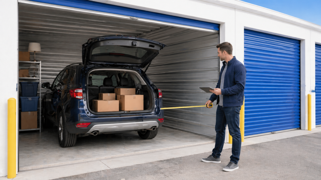 Man measures storage unit for Low Cost Storage Self Storage in Paramount, CA, with car and boxes inside, blue doors visible.