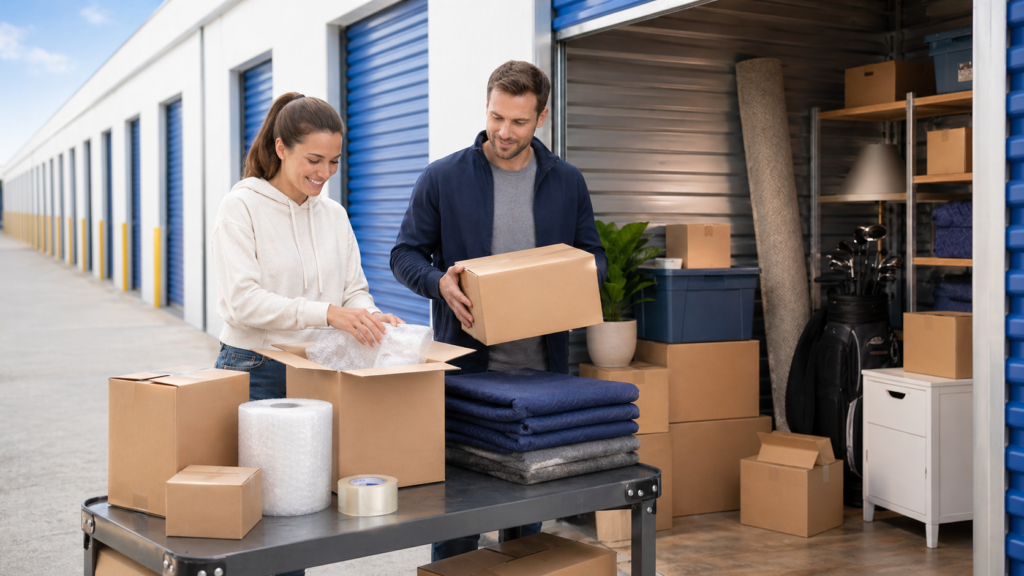 Couple organizing their unit at Low Cost Storage Self Storage in Paramount, CA. Affordable, secure storage solutions.