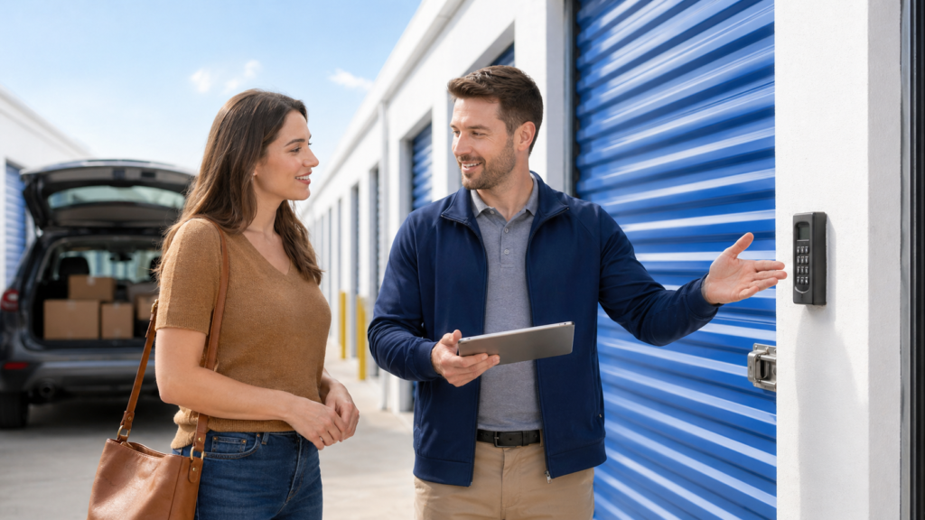 Self Storage in Paramount, CA, features secure, affordable units. Customer and staff by blue doors, discussing keypad entry.
