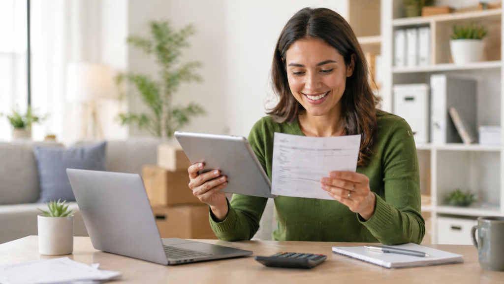 Woman smiles at invoice, working on a laptop, tablet in hand. Low Cost Storage Self Storage in Paramount, CA helps save money.