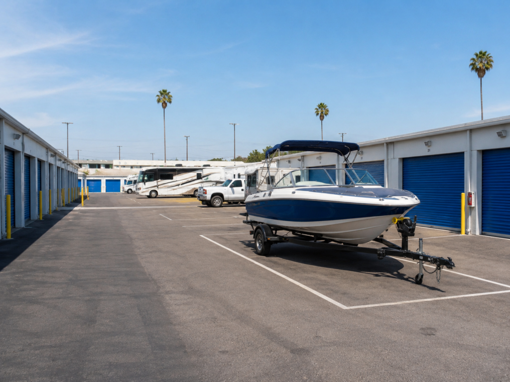 Boat stored at Low Cost Storage Self Storage in Paramount, CA, with blue doors and spacious parking lot. Ideal for vehicles.