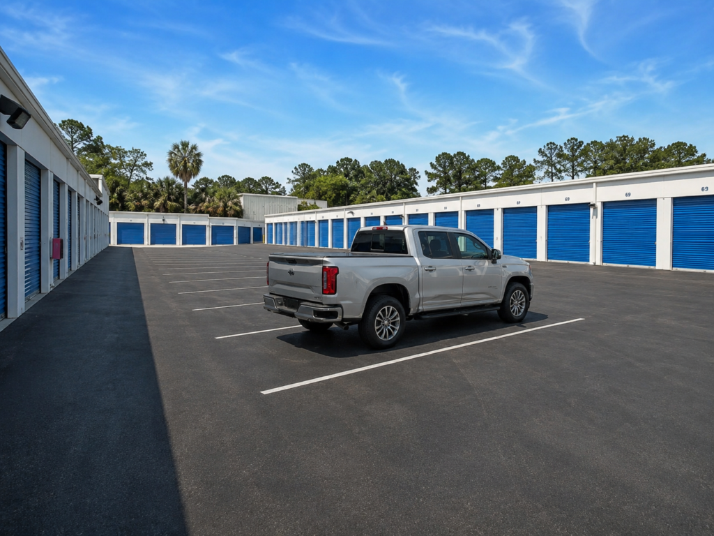 Truck at Low Cost Storage Self Storage, Paramount, CA. Accessible blue roll-up doors and spacious parking enhance convenience.