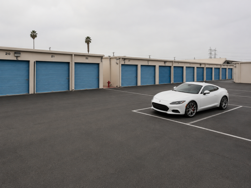 Low Cost Storage Self Storage in Paramount, CA features blue roll-up doors and spacious parking, ideal for convenient storage solutions.